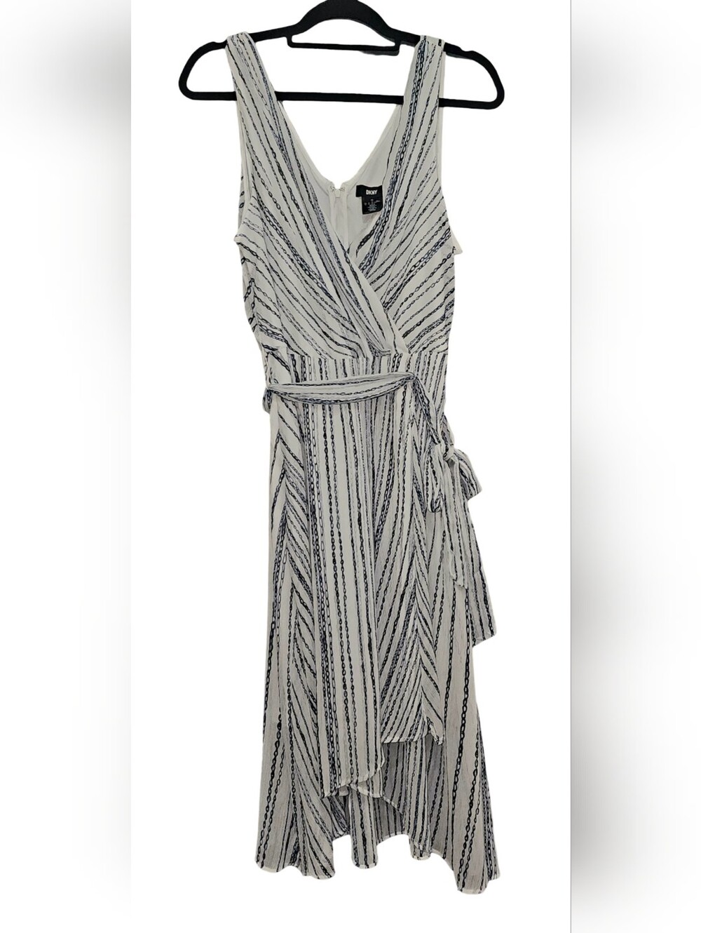 DKNY Black and White Striped Wrap Dress with Tie Waist